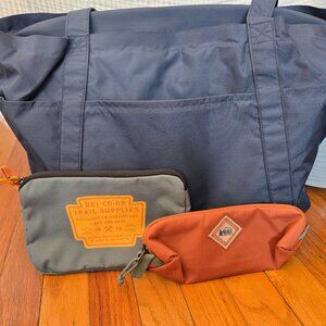 REI tote bag and travel pouches